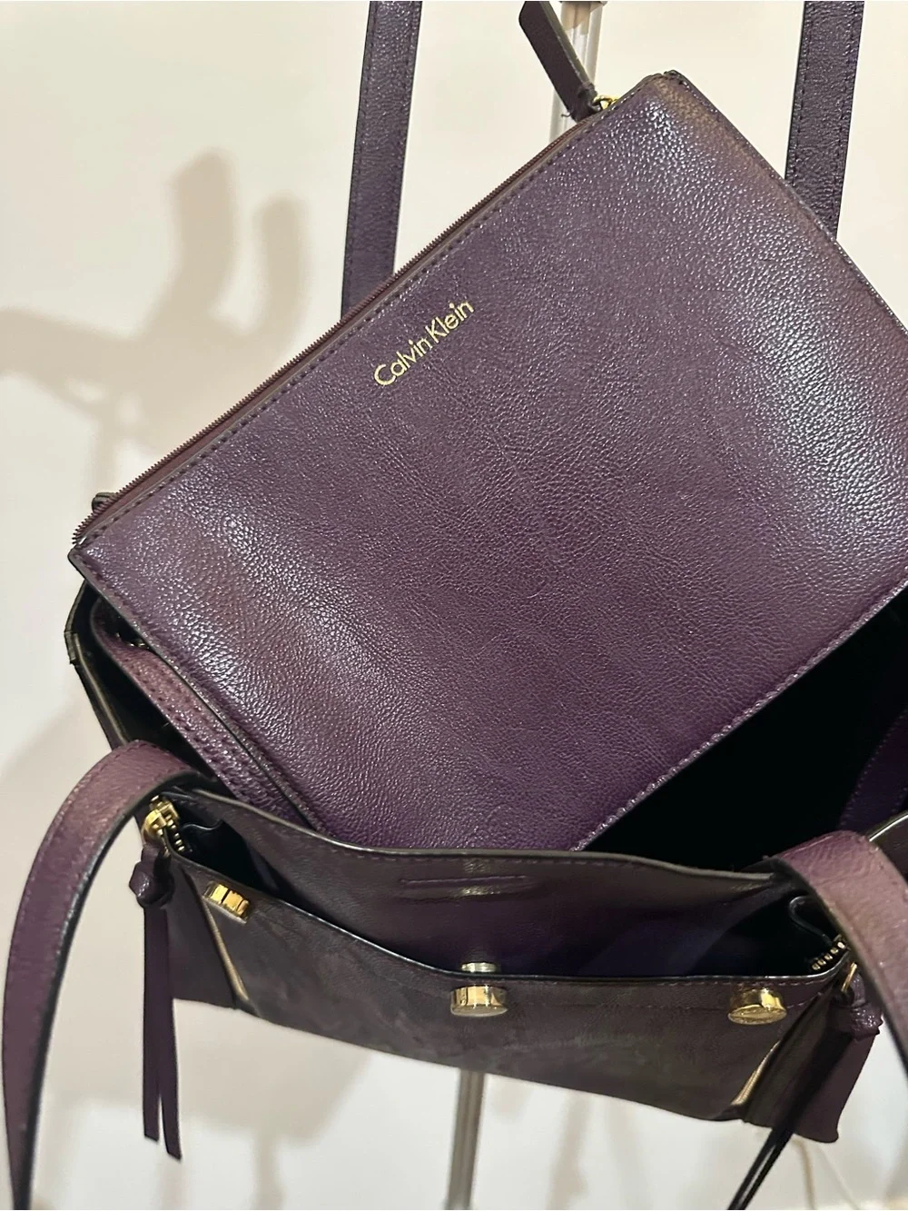 Calvin Klein Deep Purple Leather Tote with Gold Accents - Picture 9 of 15